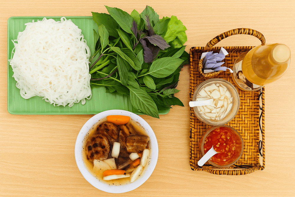 The generous portion of grilled pork and noodles is served in a bowl of tangy-sweet fish sauce, true to the authentic Hanoi style